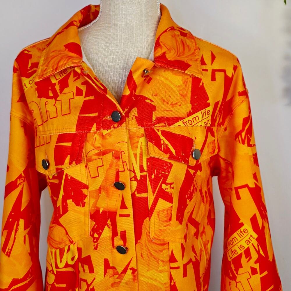 Artsy Graffiti Jacket Large Orange Art is Life Button Front Pop Streetwear Shein - Picture 8 of 14